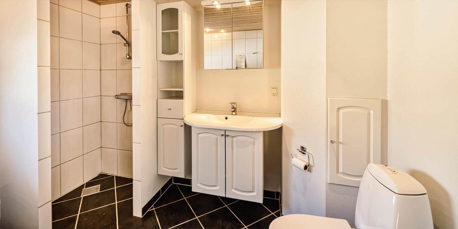Badezimmer mit Dusche, Waschbecken und Toilette.