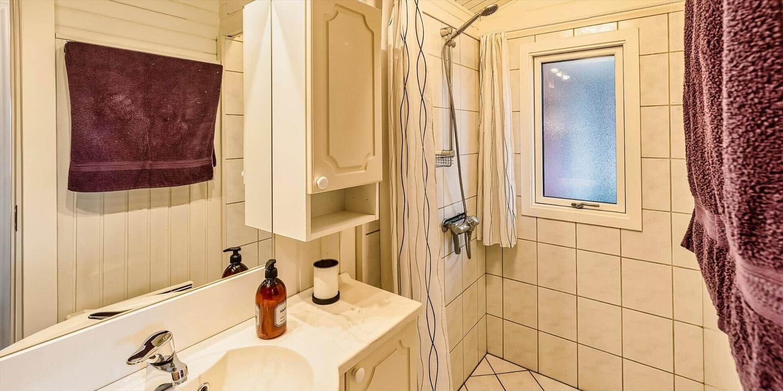 Bad mit Dusche, Waschbecken und Spiegelschrank. Fenster mit getöntem Glas.