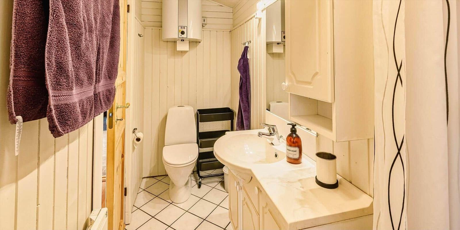 Badezimmer mit Waschbecken, Toilette und Duschvorhang.