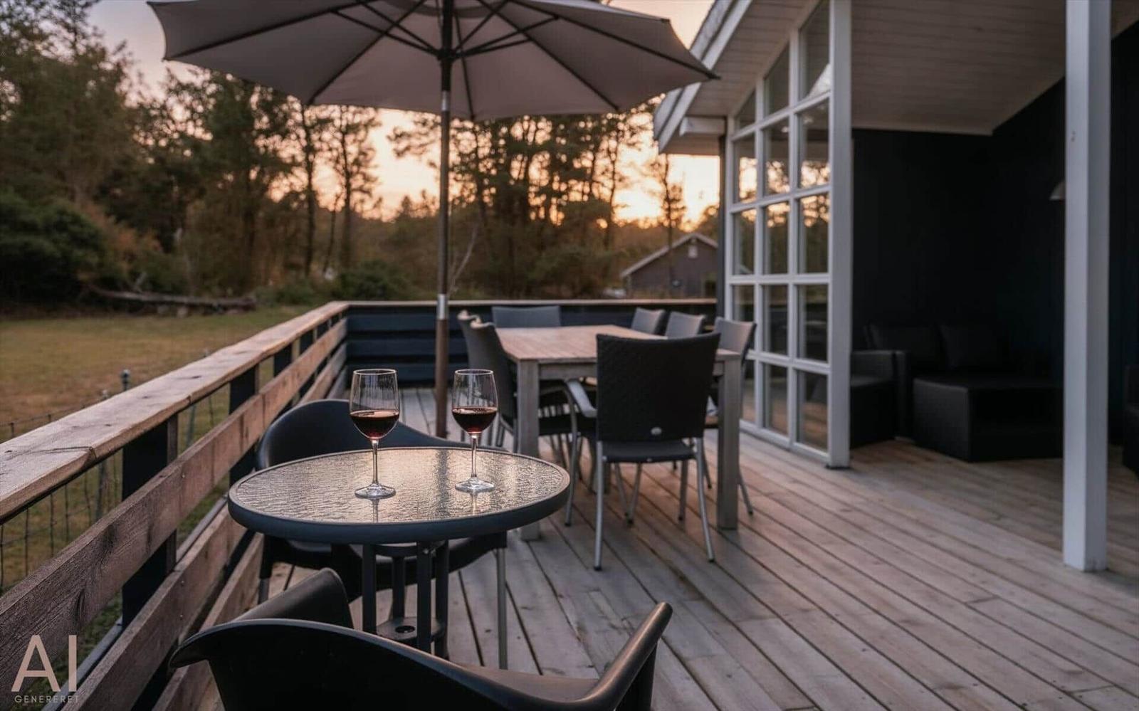 Terrasse mit Tisch, Stühlen und Sonnenschirm. Blick auf Wald bei Sonnenuntergang.
