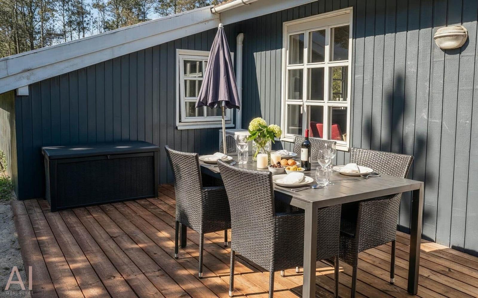 Terrasse mit Tisch, Stühlen und Sonnenschirm vor grauem Haus