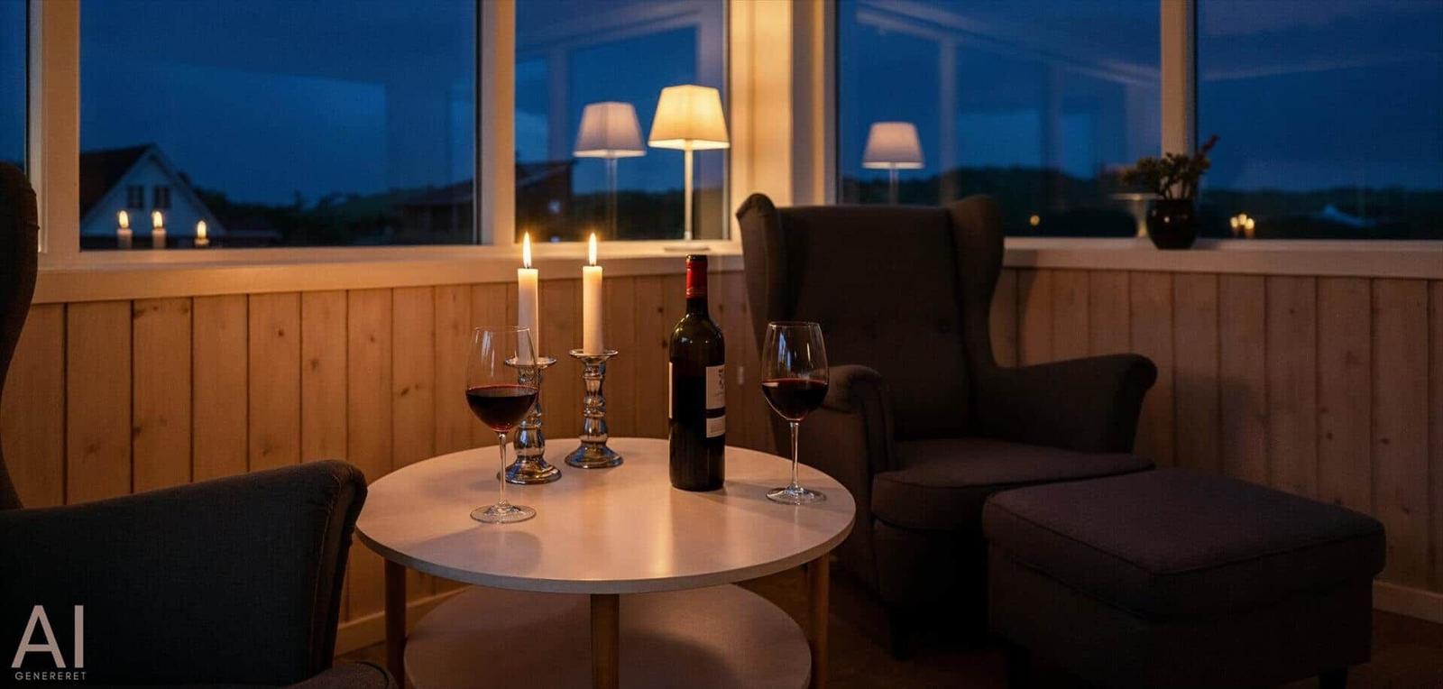 Runde Tisch mit Weinglas, Flasche und Kerzen vor Fenster mit Blick nach draußen.