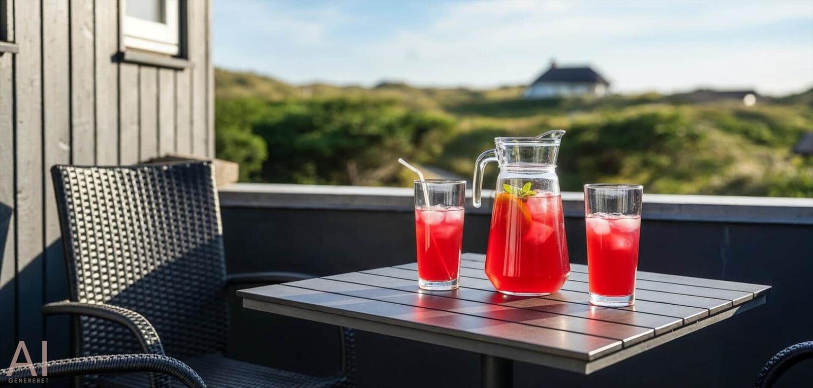 Auf der Terrasse steht ein Tisch mit zwei Gläsern und einer Karaffe mit rotem Getränk.