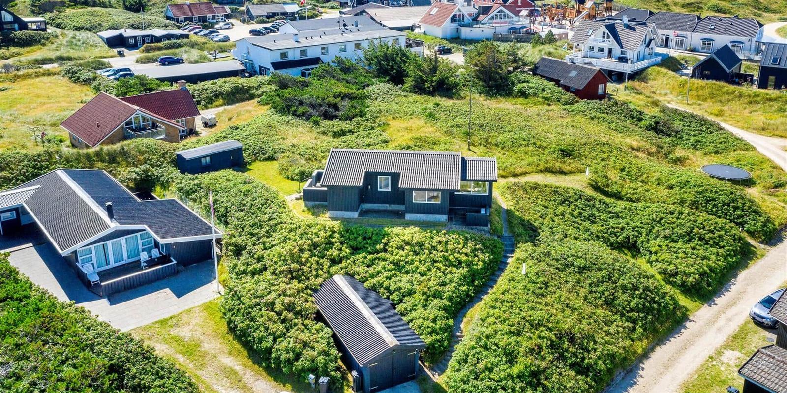 Aerial view of modern holiday homes among greenery and pathways.