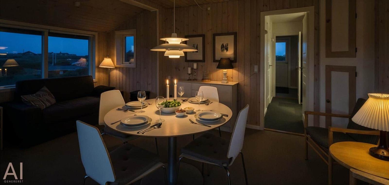Esszimmer mit runder Tafel, Kerzen und Blick auf Außenbereich.