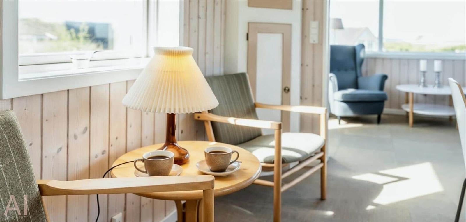 Ruhiger Raum mit Holzmöbeln, Lampe und zwei Tassen auf Tisch
