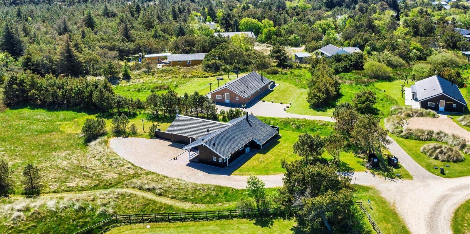 Aerial view of several vacation cabins surrounded by green grass and trees.