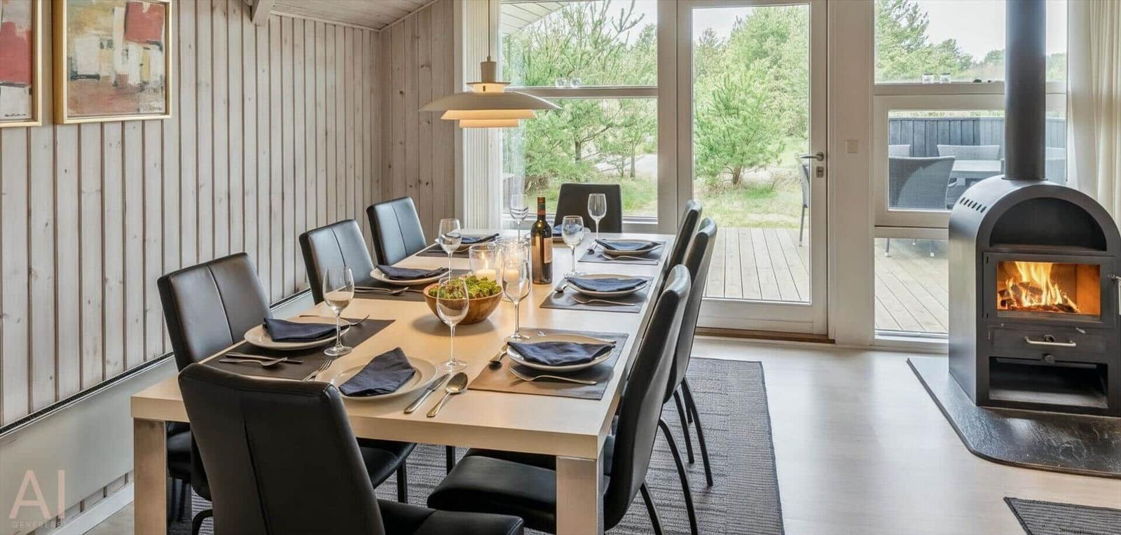 Esszimmer mit Tisch, Stühlen und Kaminofen. Durchgang zur Terrasse mit Blick auf Grünfläche.