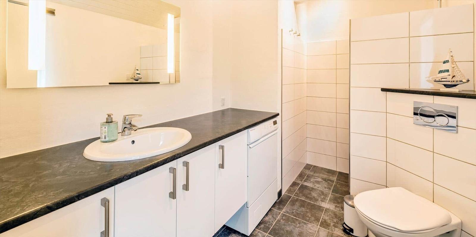 Badezimmer mit Waschbecken, Spiegel, Toilette und Waschmaschine.