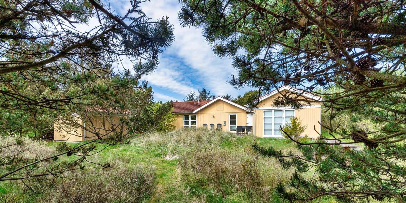 Ein gelbes Haus mit rotem Dach, umgeben von Nadelbäumen und Gras.