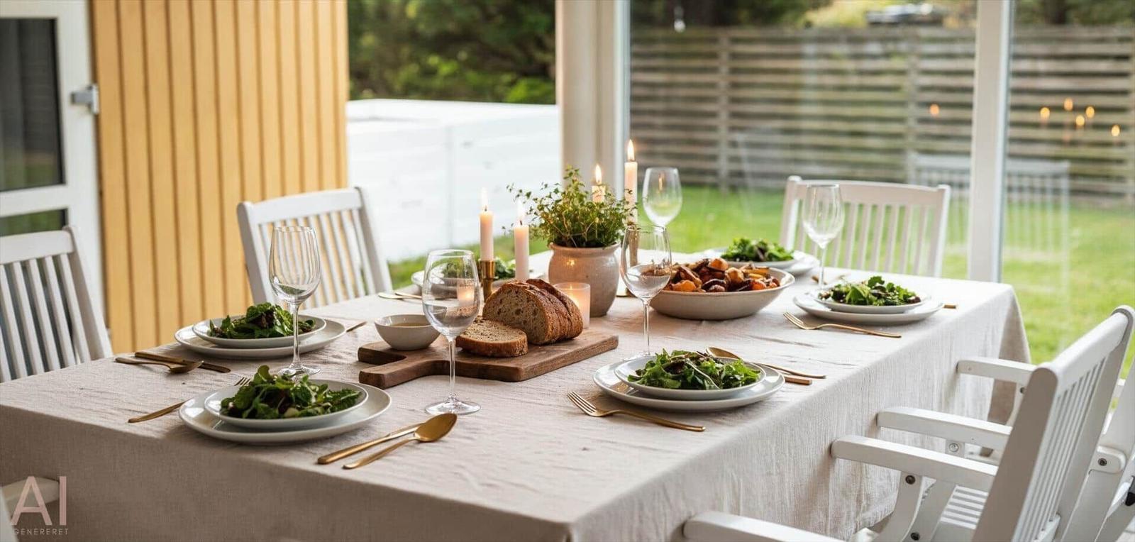Gedeckter Tisch mit Salat, Brot und Kerzen im Freien.