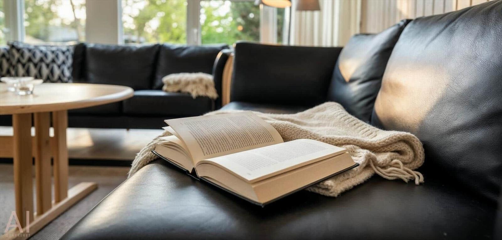 Ein offenes Buch liegt auf einem schwarzen Ledersofa mit einer hellen Decke.