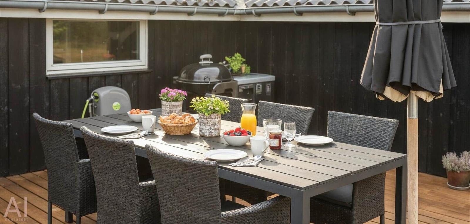 Außenbereich mit Tisch, Stühlen, Grill und Obstschale.