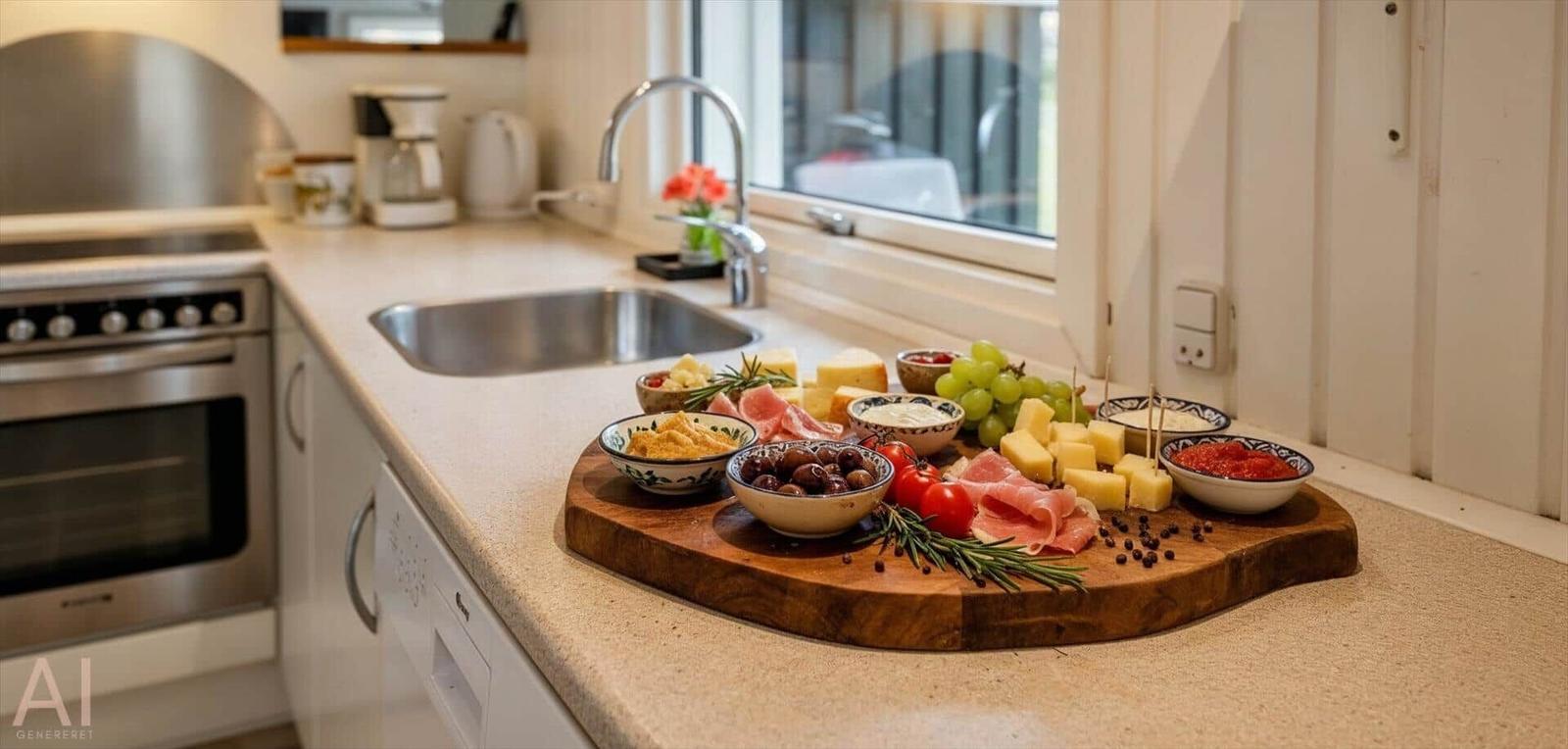 Küche mit Holzbrett, Käse, Wurst, Trauben und Gewürzen auf Arbeitsfläche