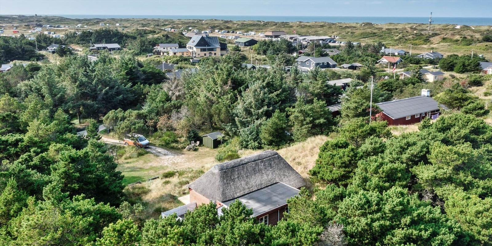 Haus mit Strohdach in Wald, Blick auf Strand und Dünen
