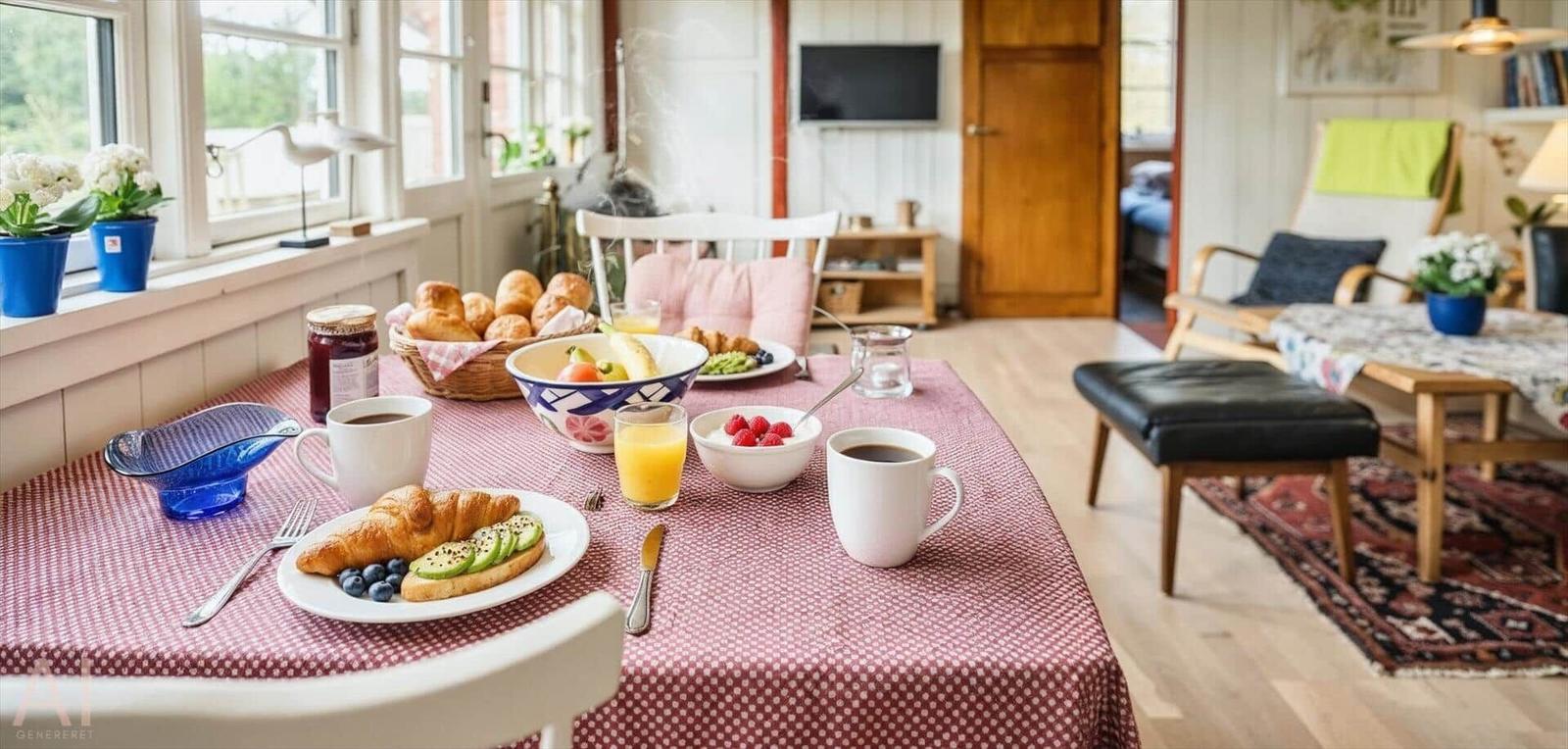 Frühstückstablett mit Brot, Obst und Getränken vor Fenster