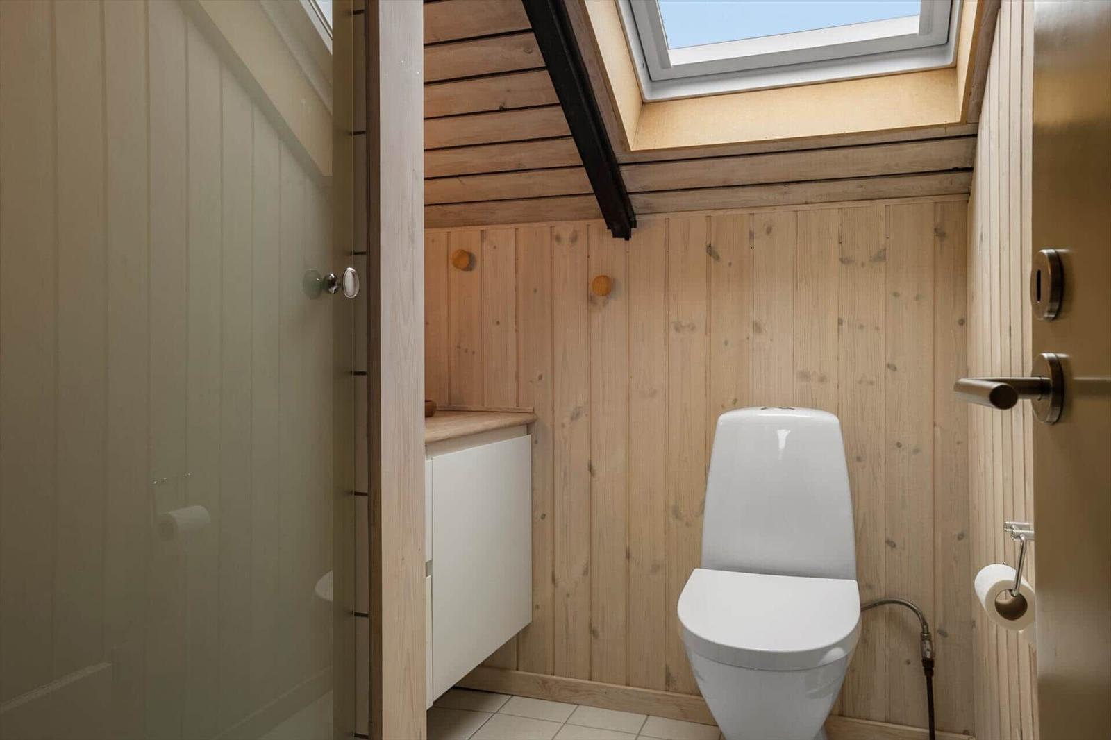 Badezimmer mit Toilette, Duschabtrennung und Dachfenster. Holzwände und weißer Fliesenboden.
