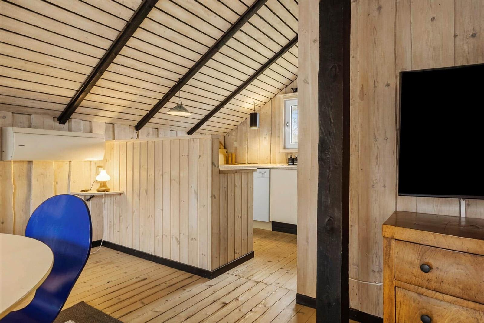 Wohnbereich mit Holzwand, Küchenzeile und Fernseher