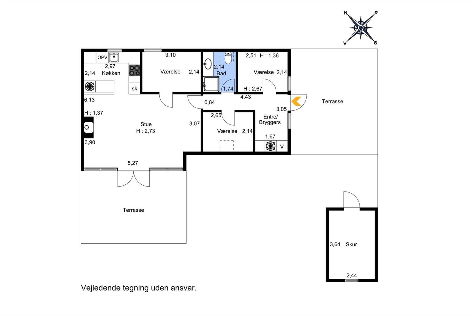 Dieses Grundrissbild zeigt eine Wohnung mit Küche, Wohnzimmer, drei Schlafzimmern, Bad und Terrasse.