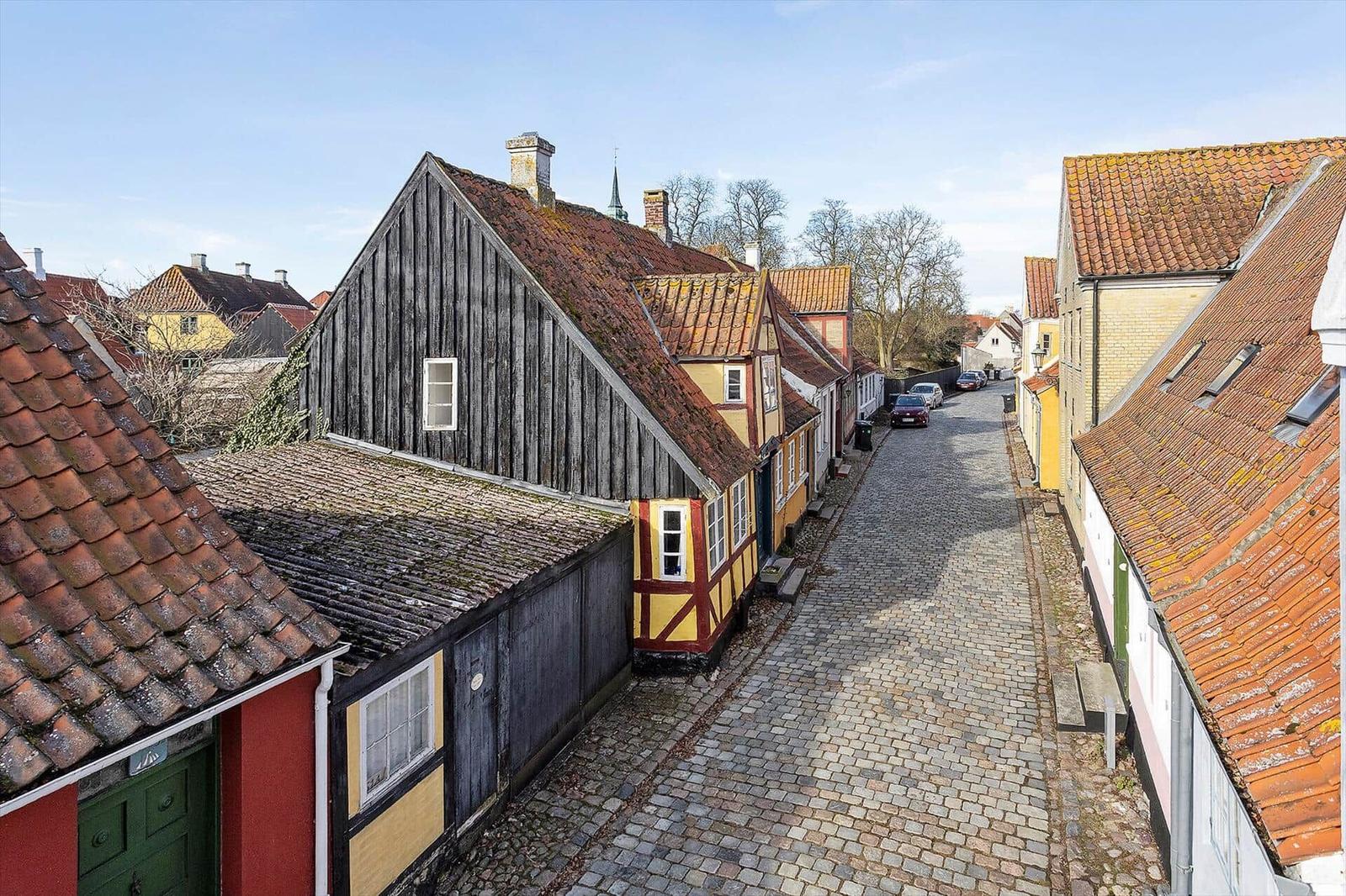 Village street with traditional houses and cobblestone pavement