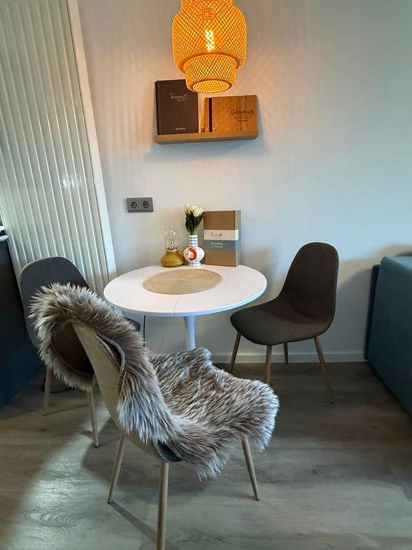 Round table with chairs and fur cover under a lamp