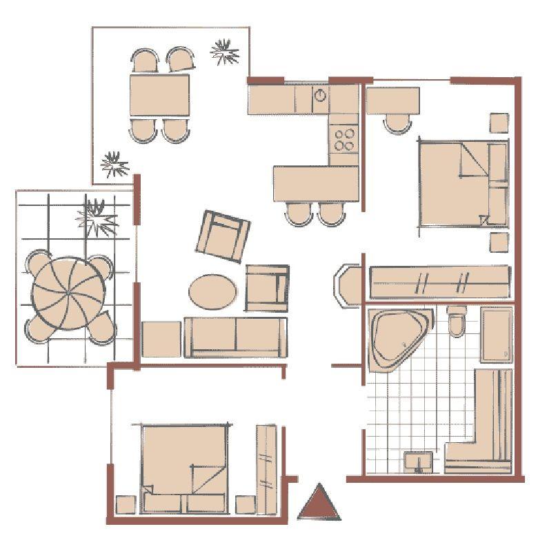 Dieses Apartment hat zwei Schlafzimmer, eine Küche, ein Bad und eine Wohnküche.