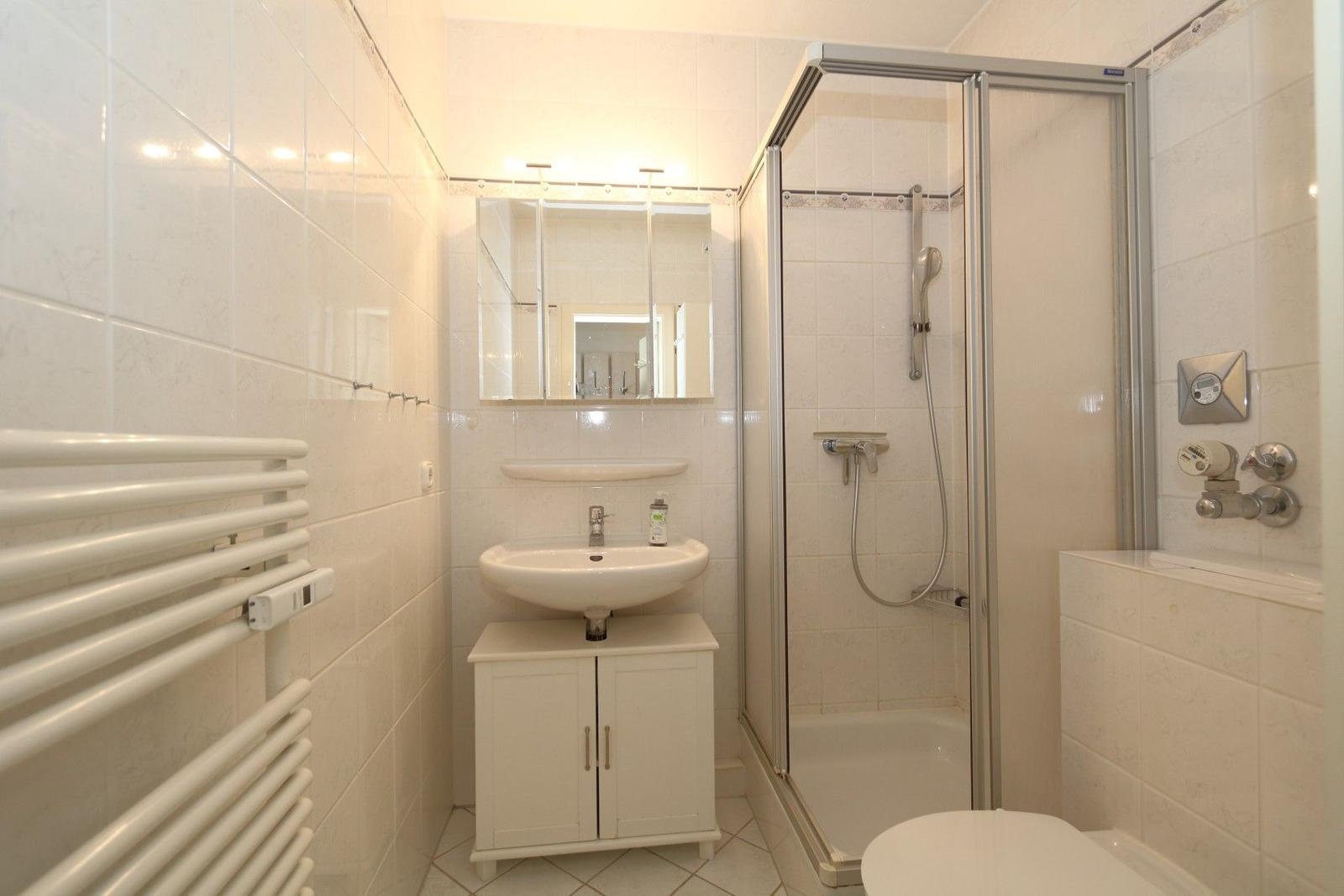 Badezimmer mit Dusche, Waschbecken und Heizung.