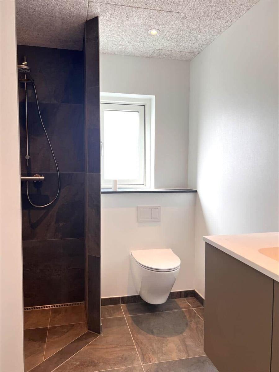 Badezimmer mit Dusche, Toilette und Waschtisch.
