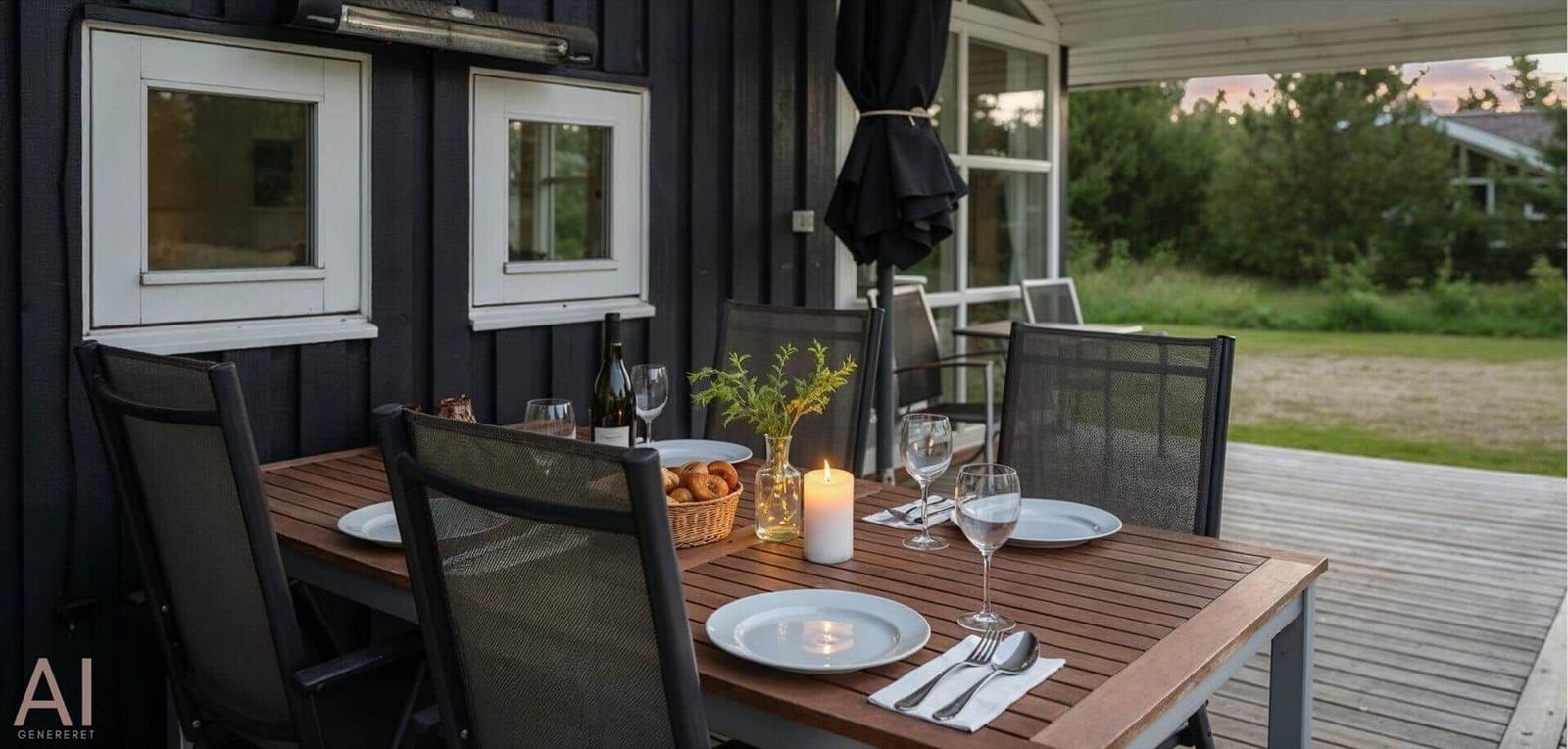 Gedeckter Holztisch mit Stühlen auf Terrasse vor dunklem Haus mit Fenstern.