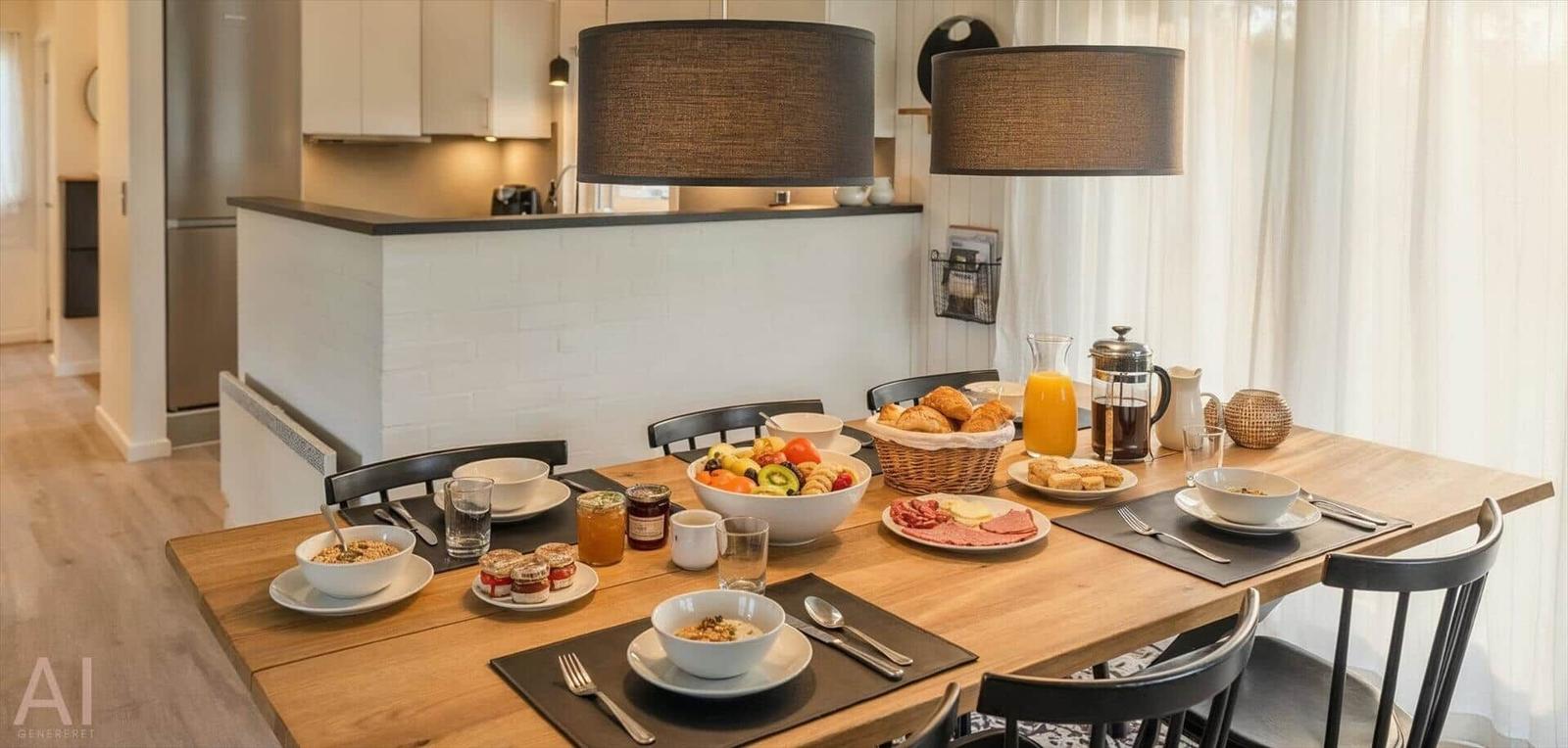Esszimmer mit Frühstückstablett und Kücheninsel im Hintergrund.