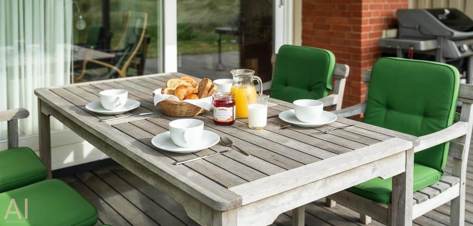 Holztisch mit grünen Sitzkissen und Frühstück auf der Terrasse.