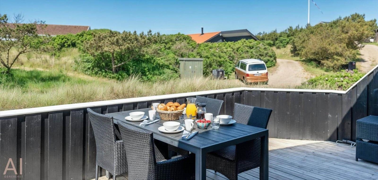 Terrasse mit Tisch und Stühlen für Frühstück mit Blick auf Grünflächen und Fahrzeug.