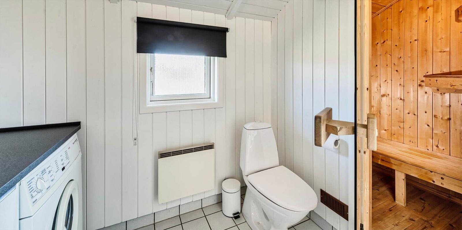 Badezimmer mit Toilette, Waschmaschine und Sauna