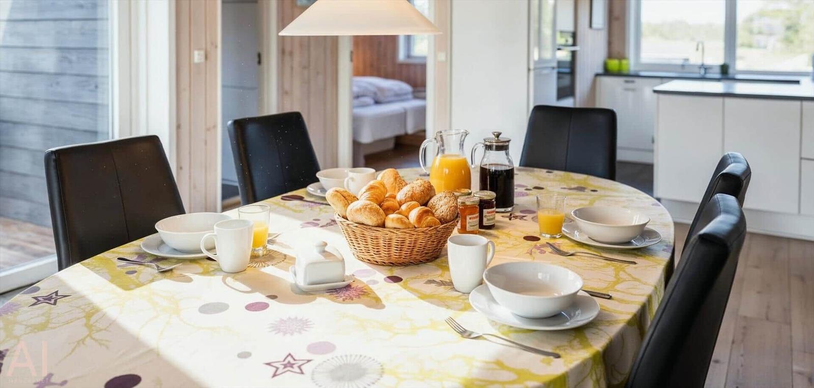 Runder Tisch mit Frühstück, Korb mit Brot, Gläser mit Saft und Tassen.