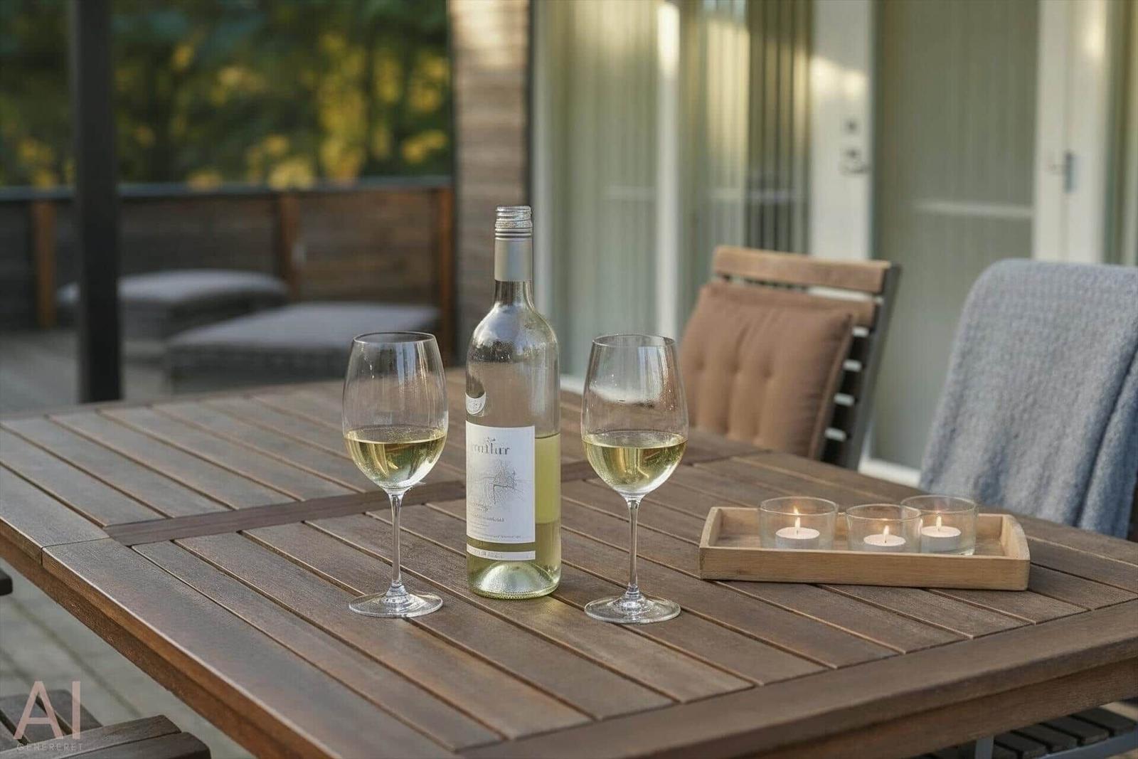 Holztisch mit Weinflasche, zwei Gläsern und Kerzen auf Terrasse.