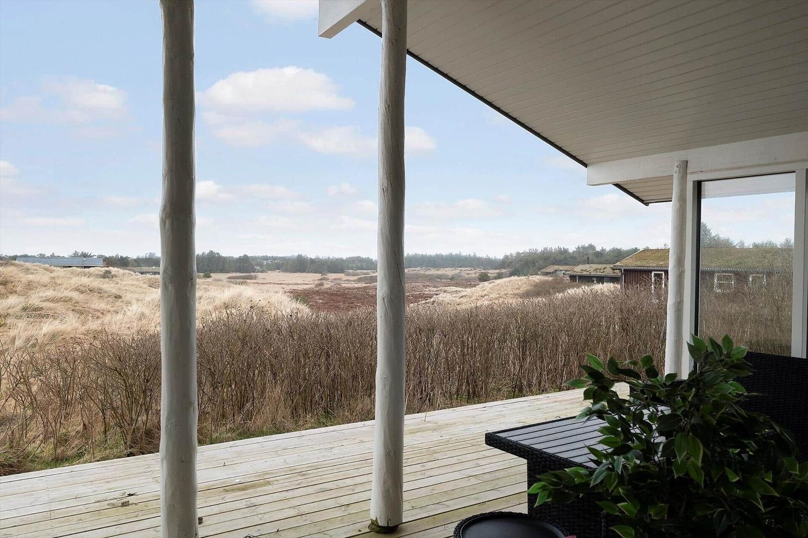 Terrasse mit Blick auf trockenes Gras und Wald