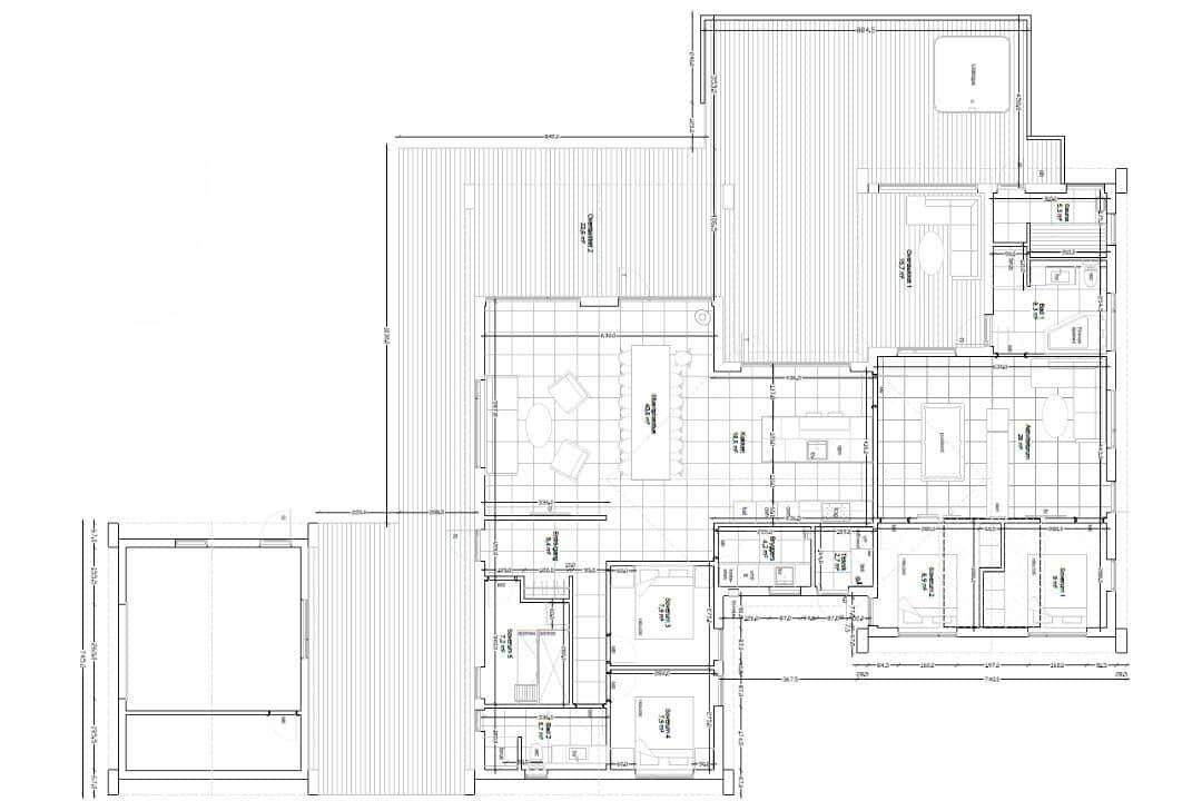 Grundriss einer Ferienwohnung mit mehreren Räumen und Flächenangaben.