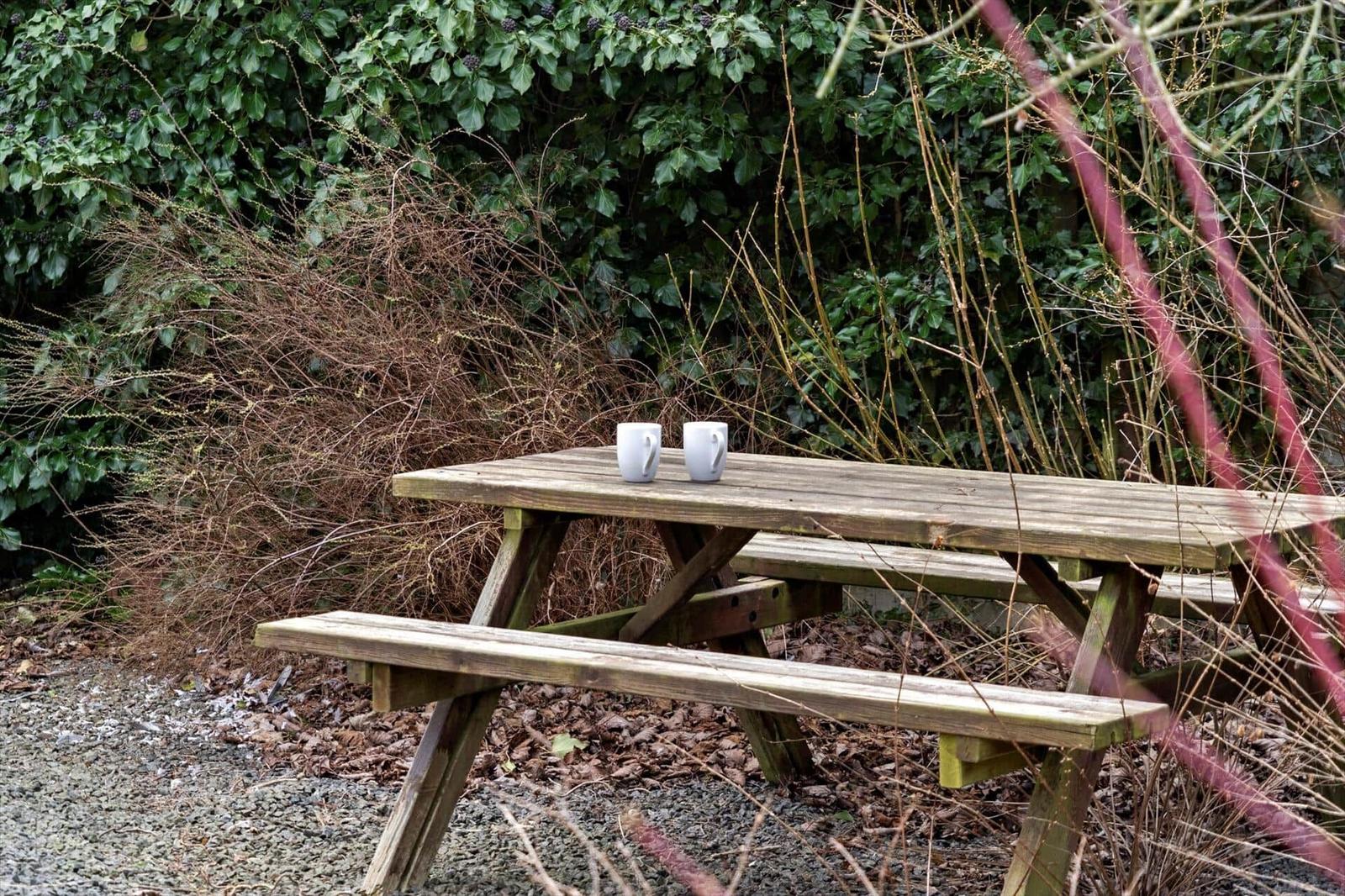 Holzpicknicktisch mit zwei Tassen im Garten