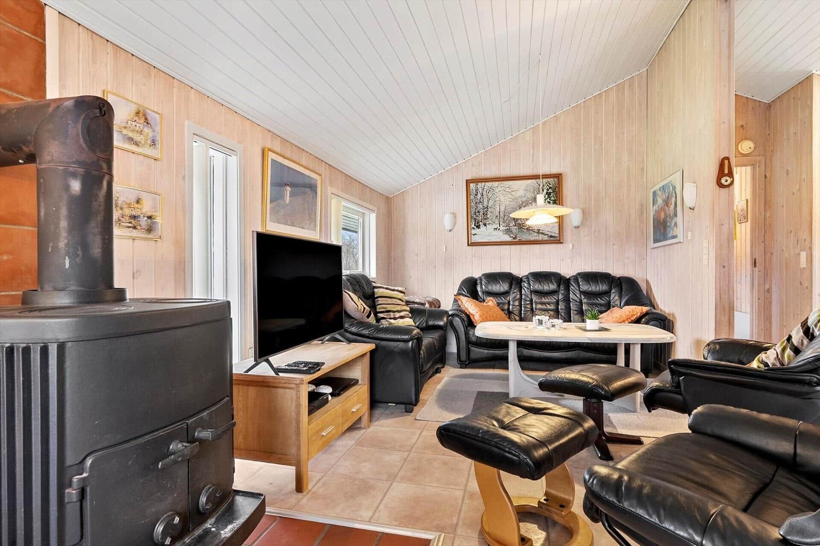 Wohnzimmer mit Holzwand, Sofa, Fernseher und Kaminofen.