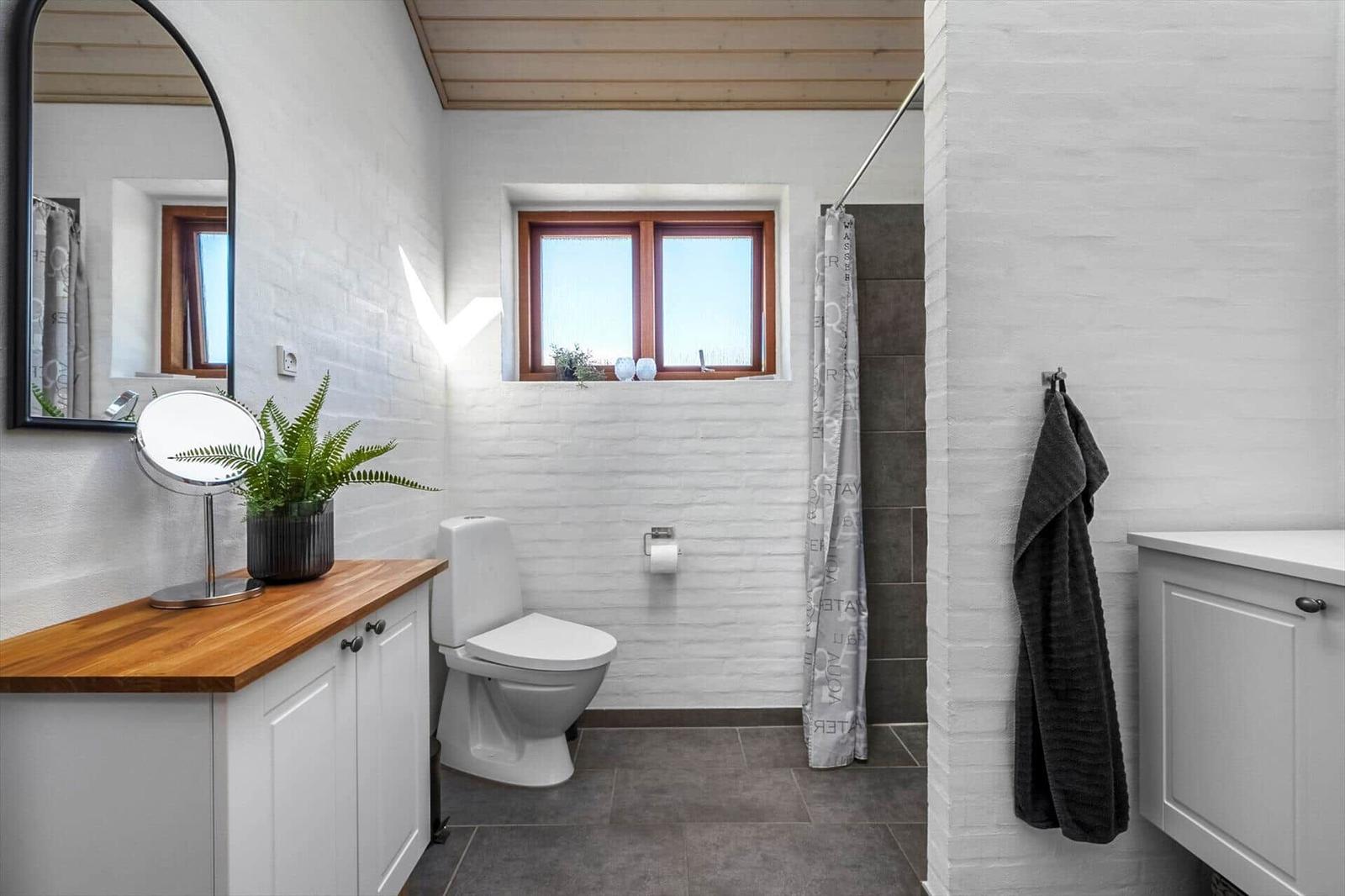Badezimmer mit Toilette, Dusche, Spiegelschrank und Fenster.