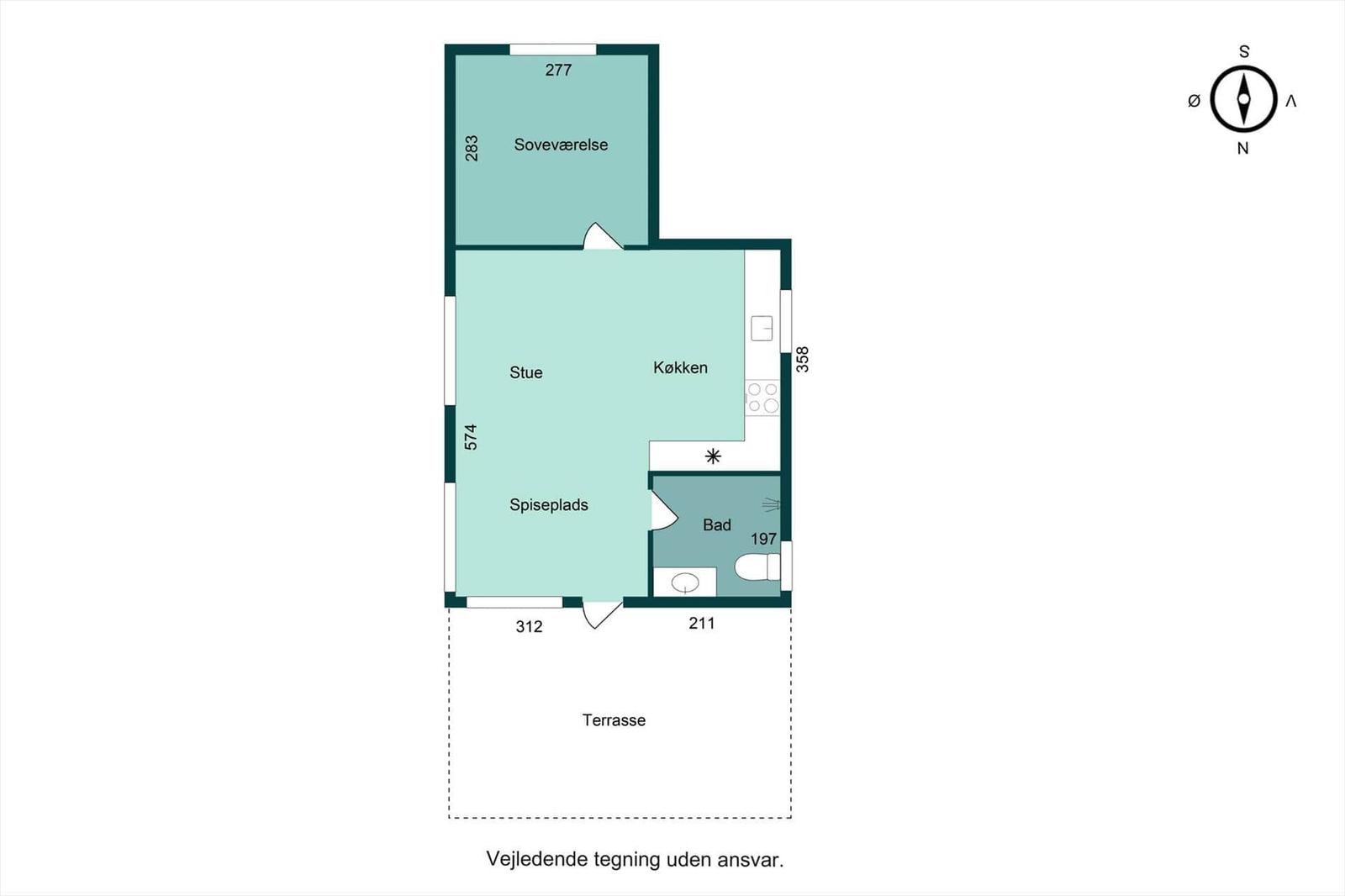 Wohnung mit Schlafzimmer, Küche, Bad und Terrasse. Flur und Essbereich integriert.