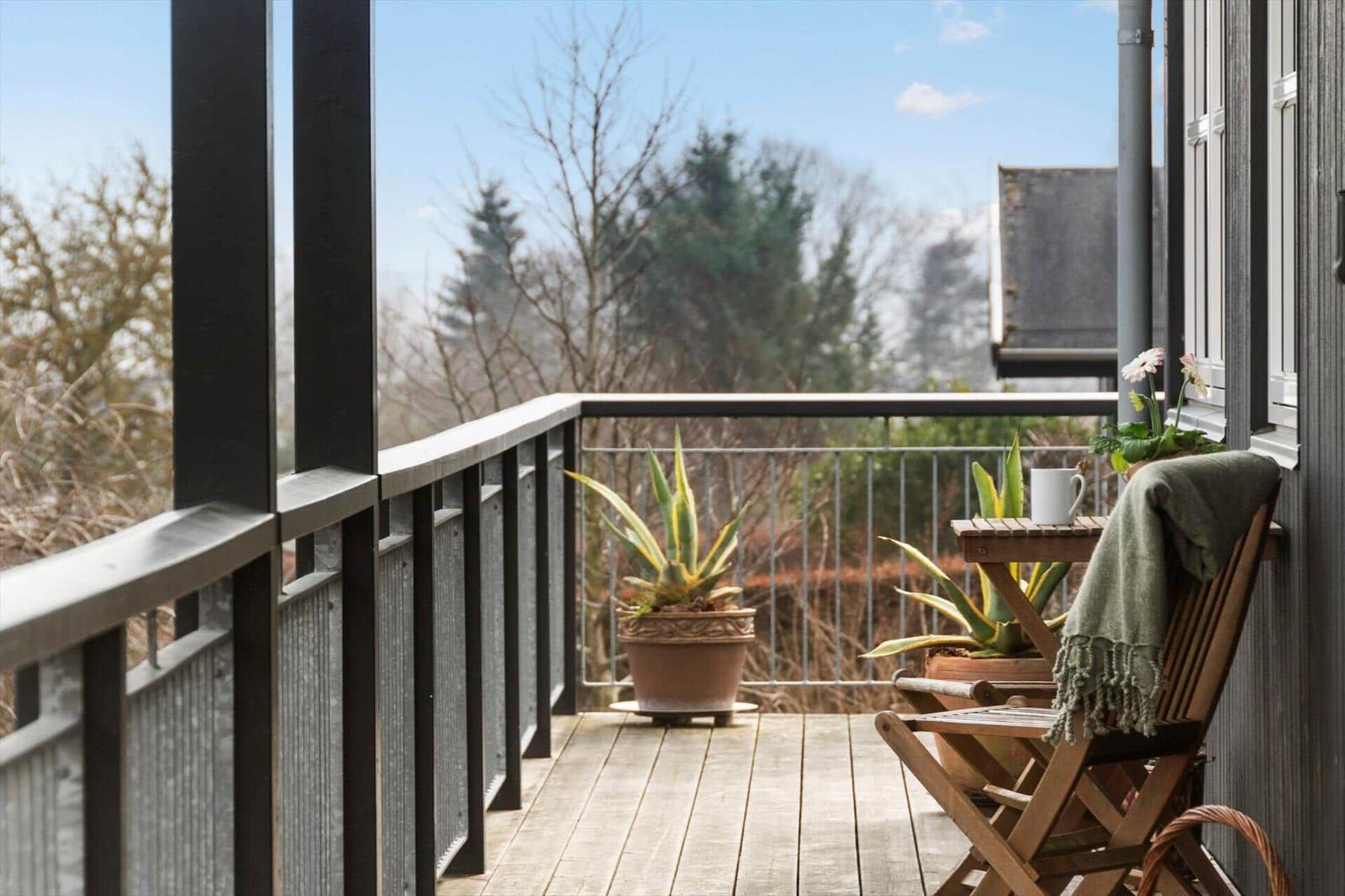 Terrasse mit Holzbank, Pflanzen und Tisch. Blick auf Bäume und Himmel.