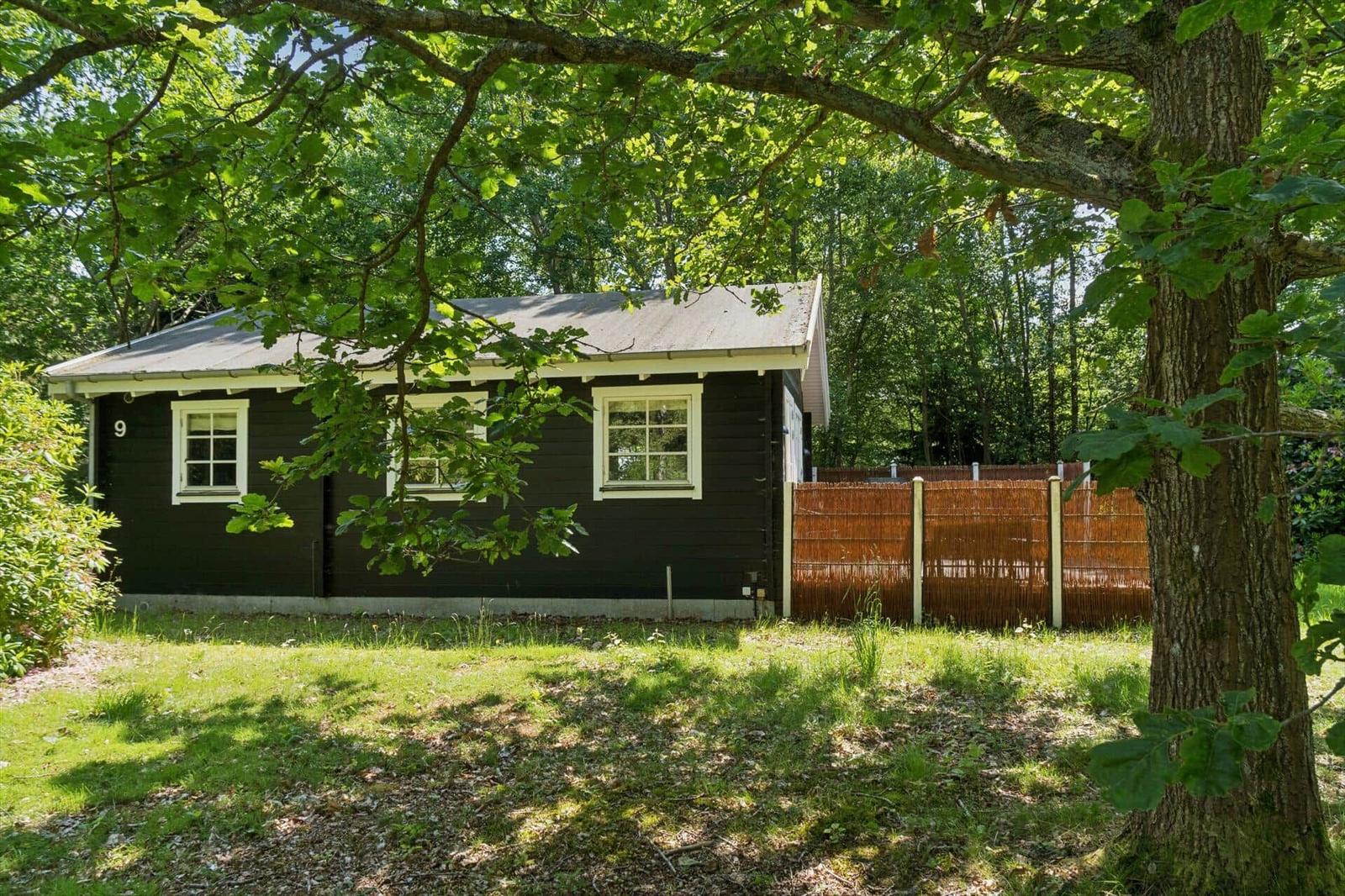 Schwarzes Holzhaus mit weißen Fensterrahmen, umgeben von Bäumen und Gras.