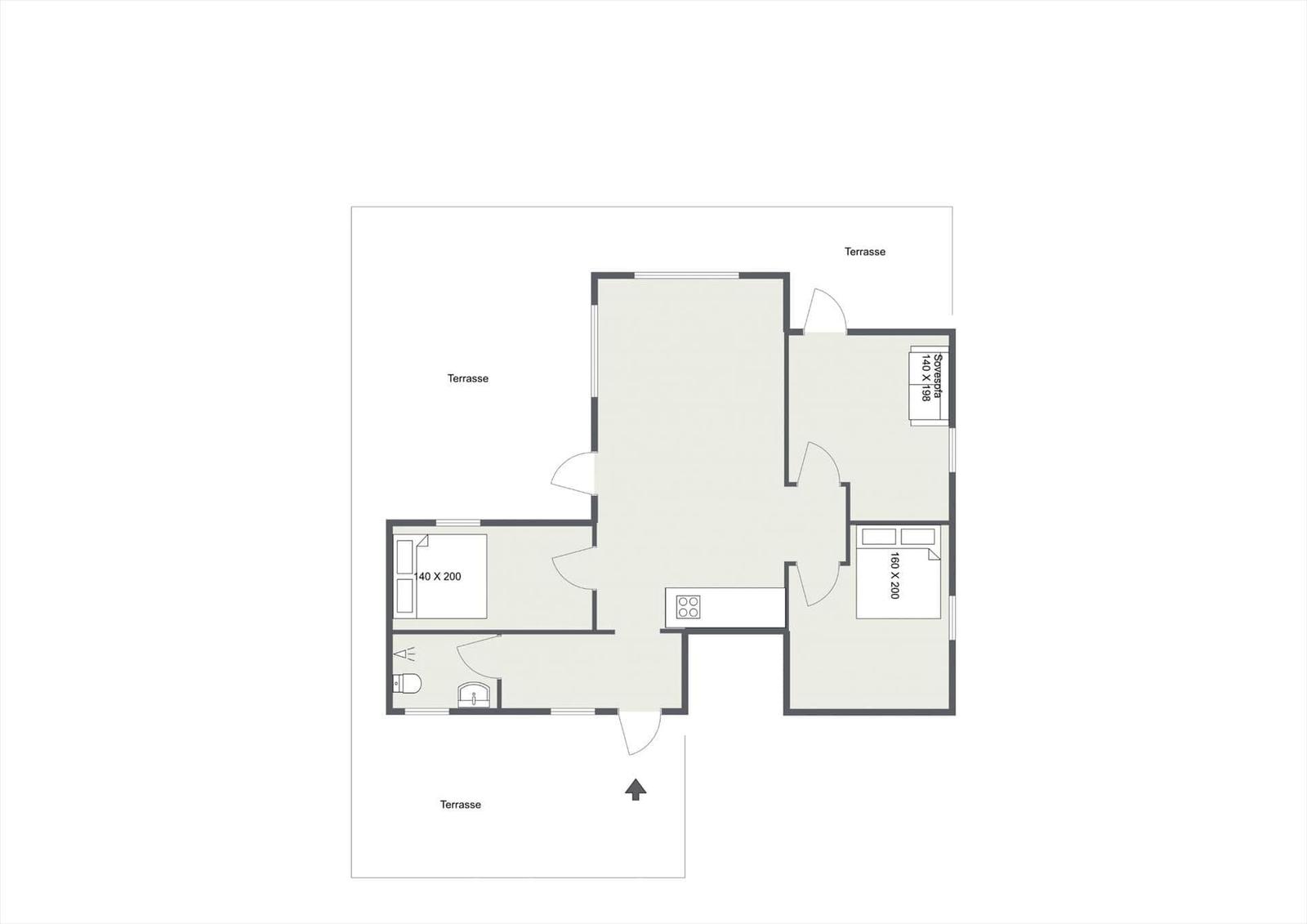 Zweizimmerwohnung mit Küche, Bad und drei Terrassen.