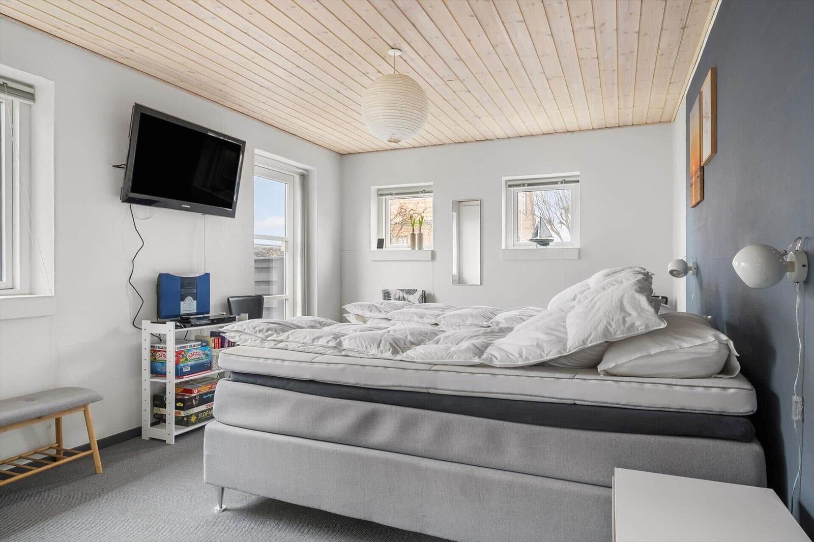 Schlafzimmer mit Bett, Fernseher und Fenstern.