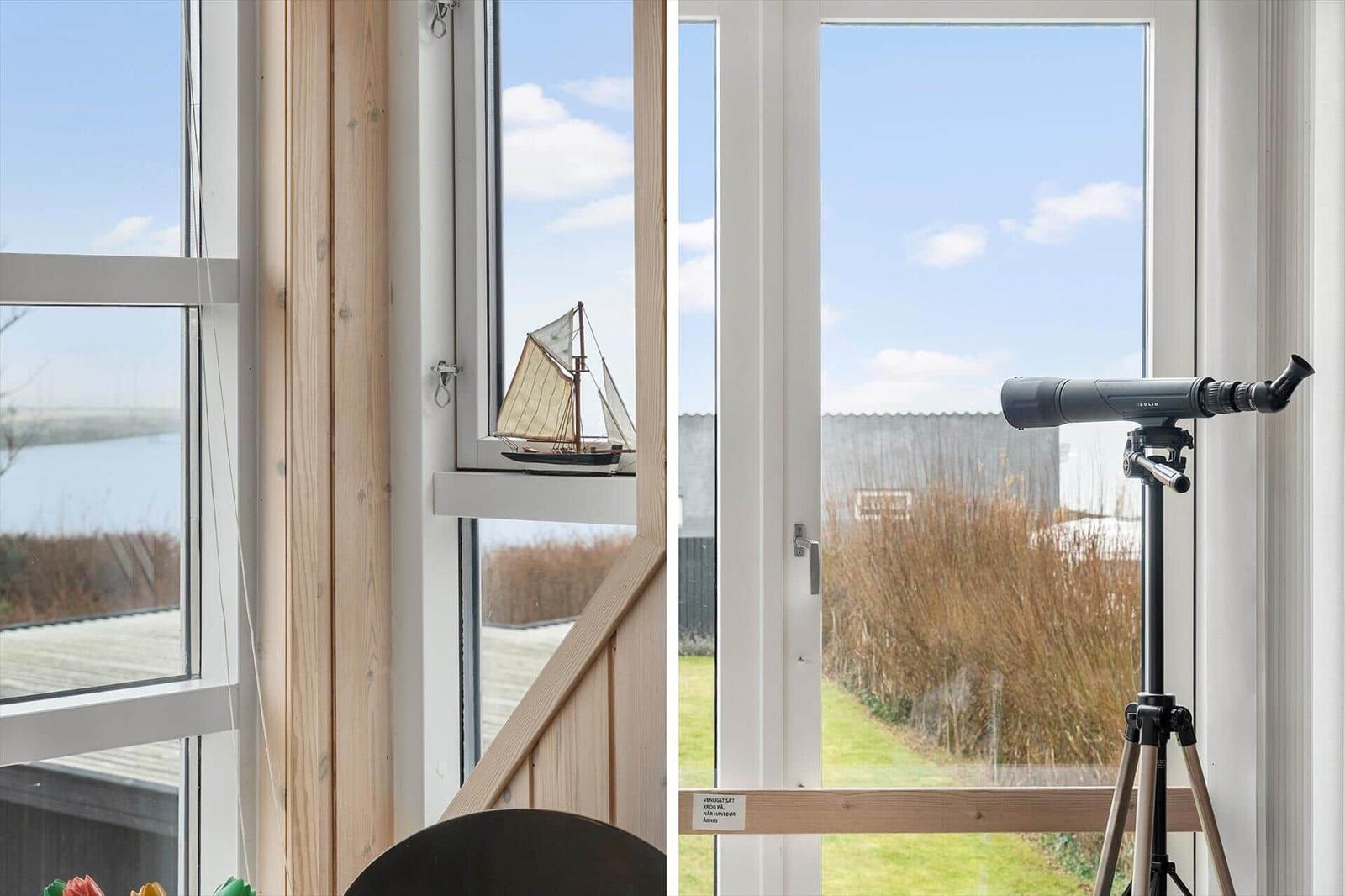 Ein Fernrohr auf Stativ neben einem Fenster mit Blick auf Gras und Himmel.