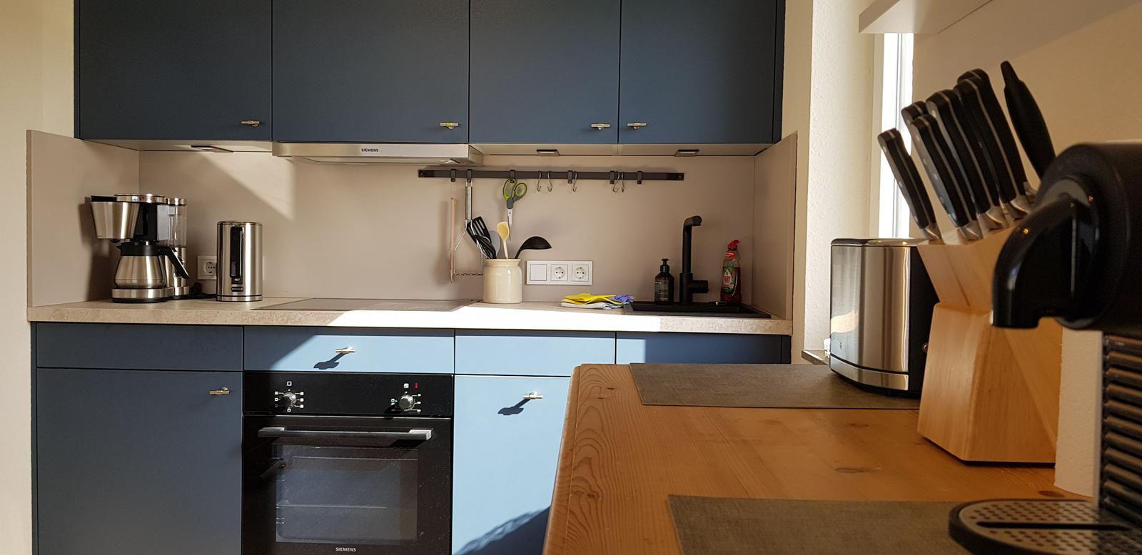 Küche mit blauen Schränken, Edelstahlgeräten und Holzoberfläche.