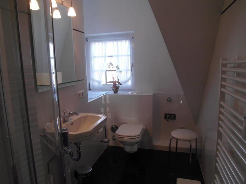 Badezimmer mit Dusche, Waschbecken, WC und Fenster