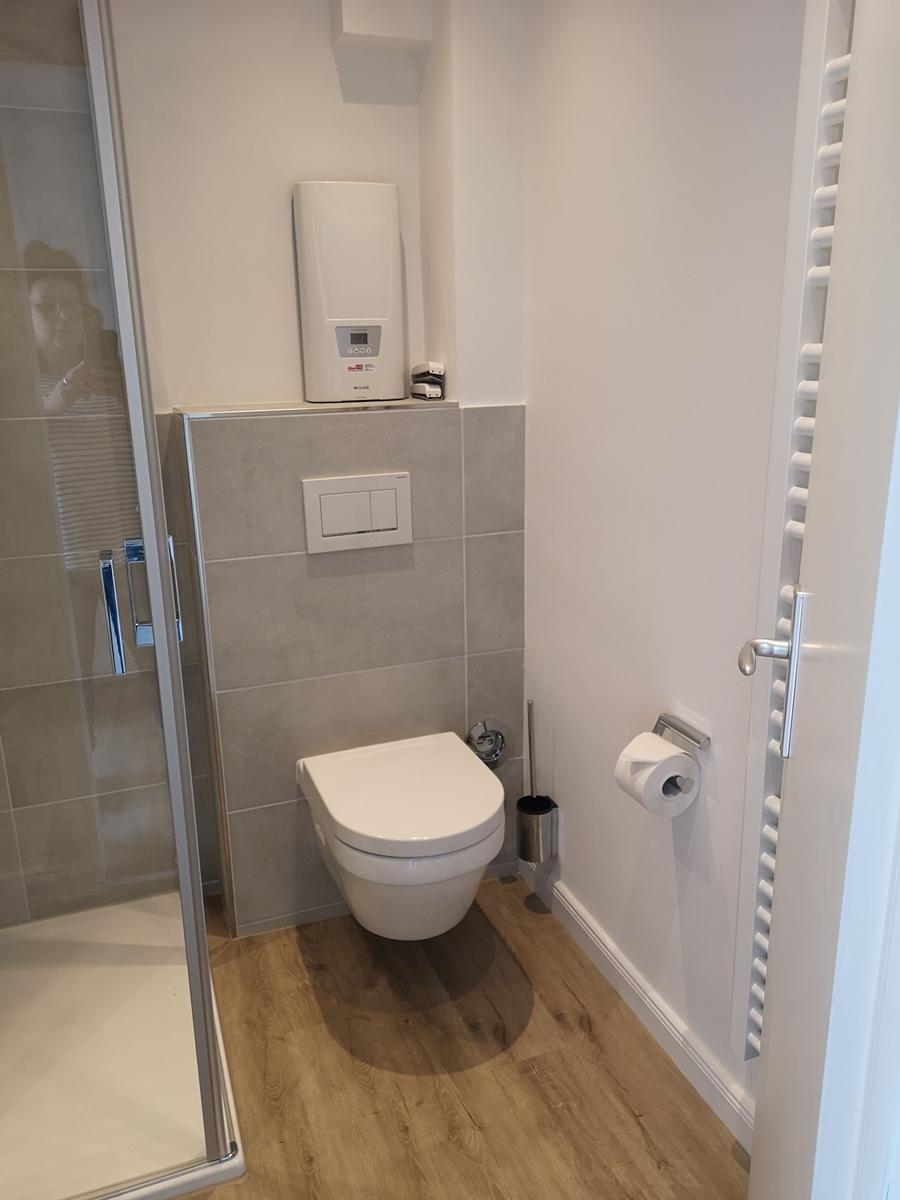 Toilette mit Duschabtrennung und Heizkörper an der Wand.