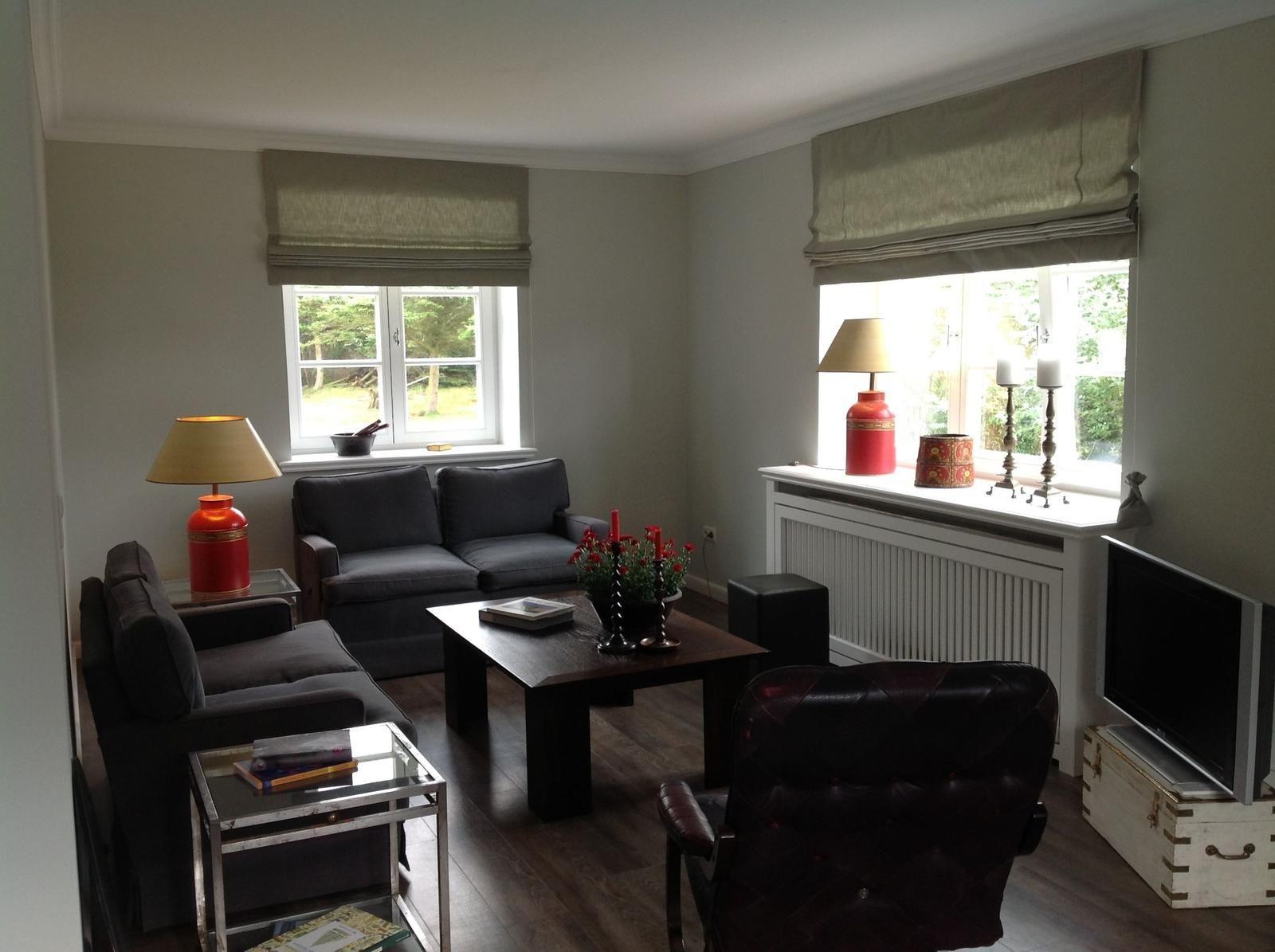 Wohnzimmer mit Sofa, Sessel, Couchtisch und Fenstern.